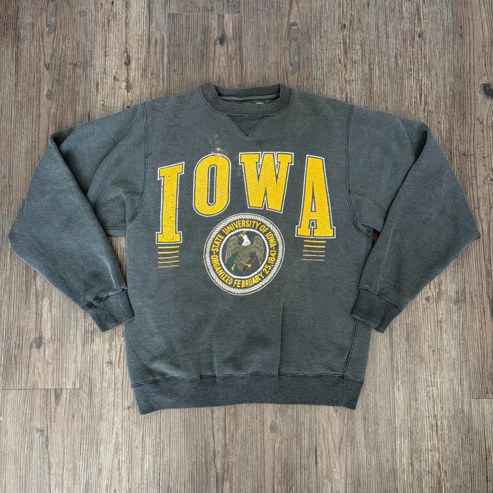 VINTAGE 90S UNIVERSITY OF IOWA GRAPHIC GREY CREWNECK SWEATSHIRT MENS SMALL